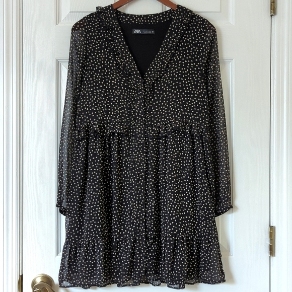 Zara Speckled Ruffled Trim V-neck Long Sleeve Button Down Mini Dress Black Small - Picture 1 of 12